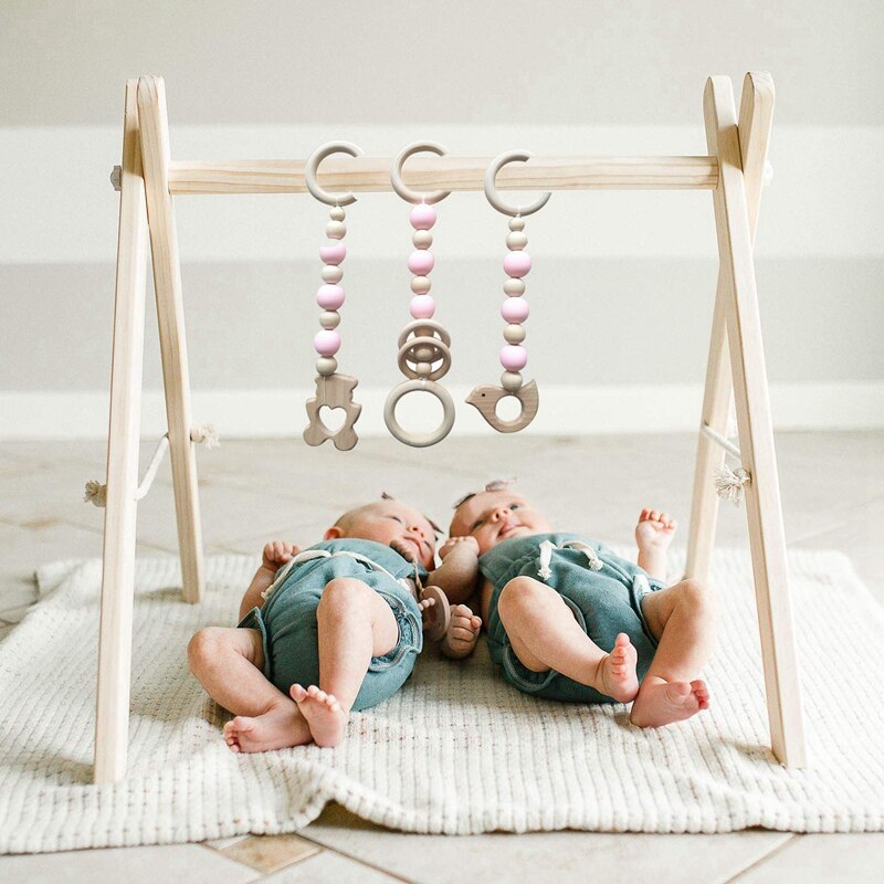 3Pcs Holz Ring Baby Beißring Aktivität Spielen Gym Perlen Tier Anhänger Rasseln Baby Spielzeug Schutz Sensorischen Spielzeug