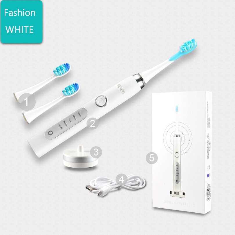 SEAGO Electric Rechargeable Toothbrush 5 Brushing Mode Dental Electric Brush Sonic Tooth Brush Whiten Teeth Automatic Toothbrush: Standard White