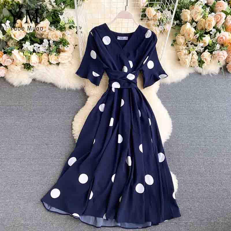 YuooMuoo-robe à bandes, tenue Vintage, à pois, col en V, tenue de soirée, tenue élégante, rouge, été: Bleu