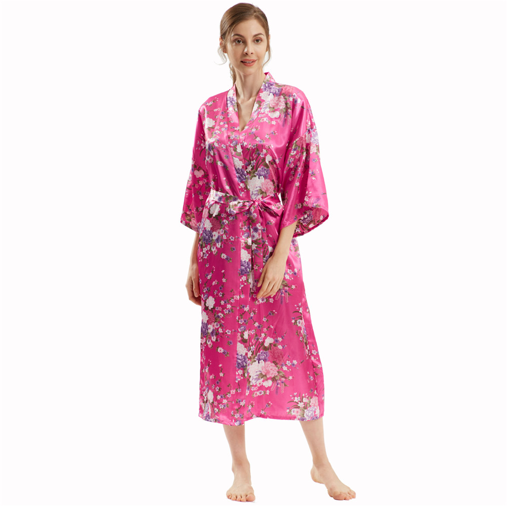 Kimono Badjas Jurk Met Halve Mouw Dames Lang Gewaad Print Bloemen Satijn Nachtkleding Thuis Jurk Losse Loungewear: Goud