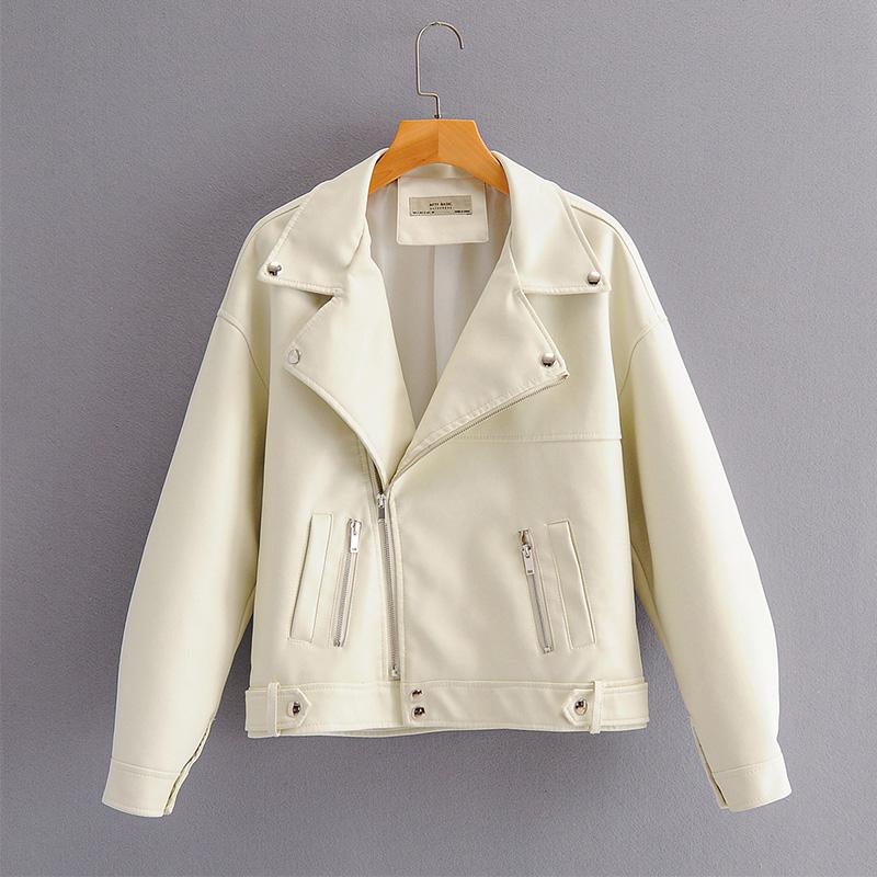 Ailegogo Herfst Vrouwen Pu Leren Jas Casual Bf Losse Zachte Motorfiets Punk Faux Lederen Jas Vrouwelijke Rits Klinknagel Bovenkleding: Beige / S