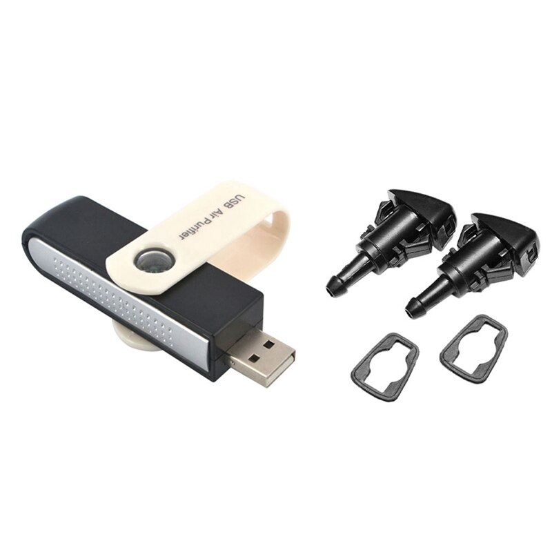 1 Set Voorruit Washer Nozzles Ruitenwisser Spray Kit & 1 Pcs Usb Auto Draagbare Usb Ionische Luchtreiniger Ionisator