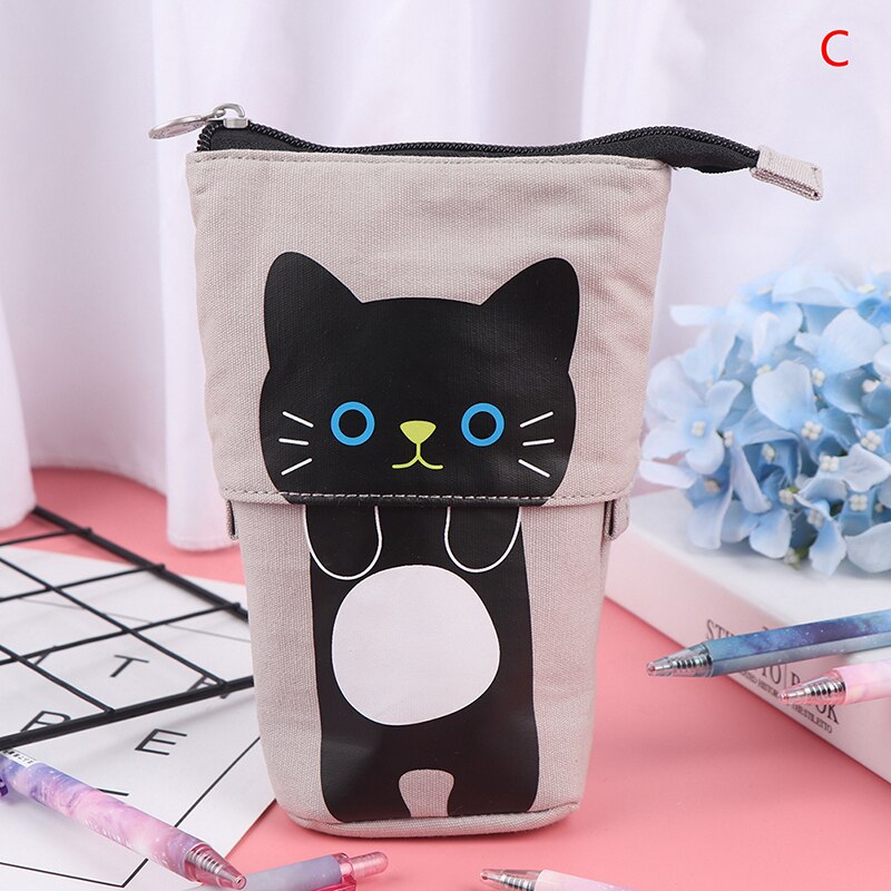 Portalápices retráctiles multifunción para niñas y niños, estuche de lápices Kawaii de lona con de animales de gato, material de papelería coreana: C