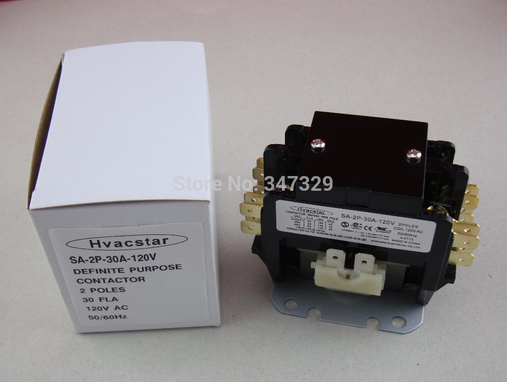 Hvacstar SA-2P-30A-120V Definite Purpose Contactor 2Poles 30FLA 120V AC Coil , DP Contactor, Air Conditioner Contactor