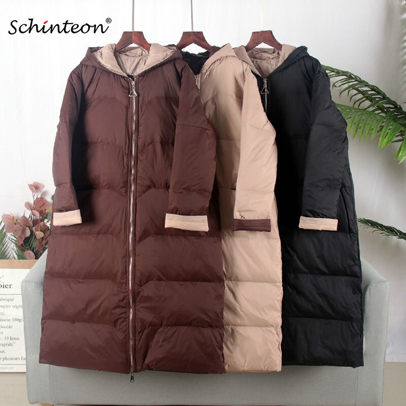 Schinteon Style coréen Baseball doudoune avec capuche manteau en vrac hiver longue Outwear 90% blanc canard vers le bas manteau sur la taille