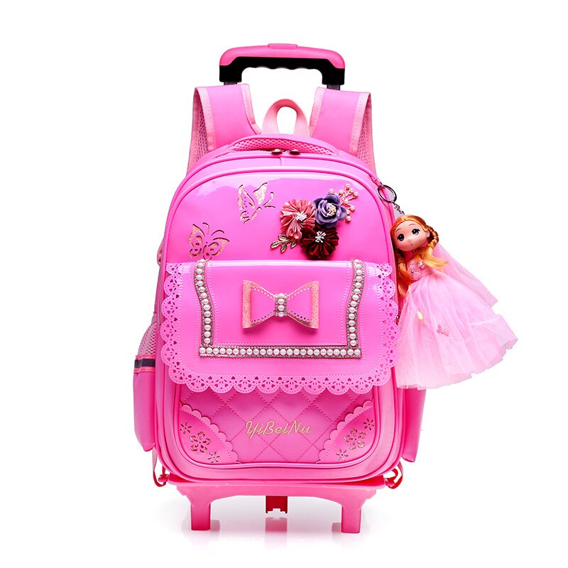 2 räder Wagen Rucksack Für freundlicher PU Wasserdicht bogen-knoten aufbringen Schule Tasche Abnehmbare Rucksack Für Mädchen: Rosa