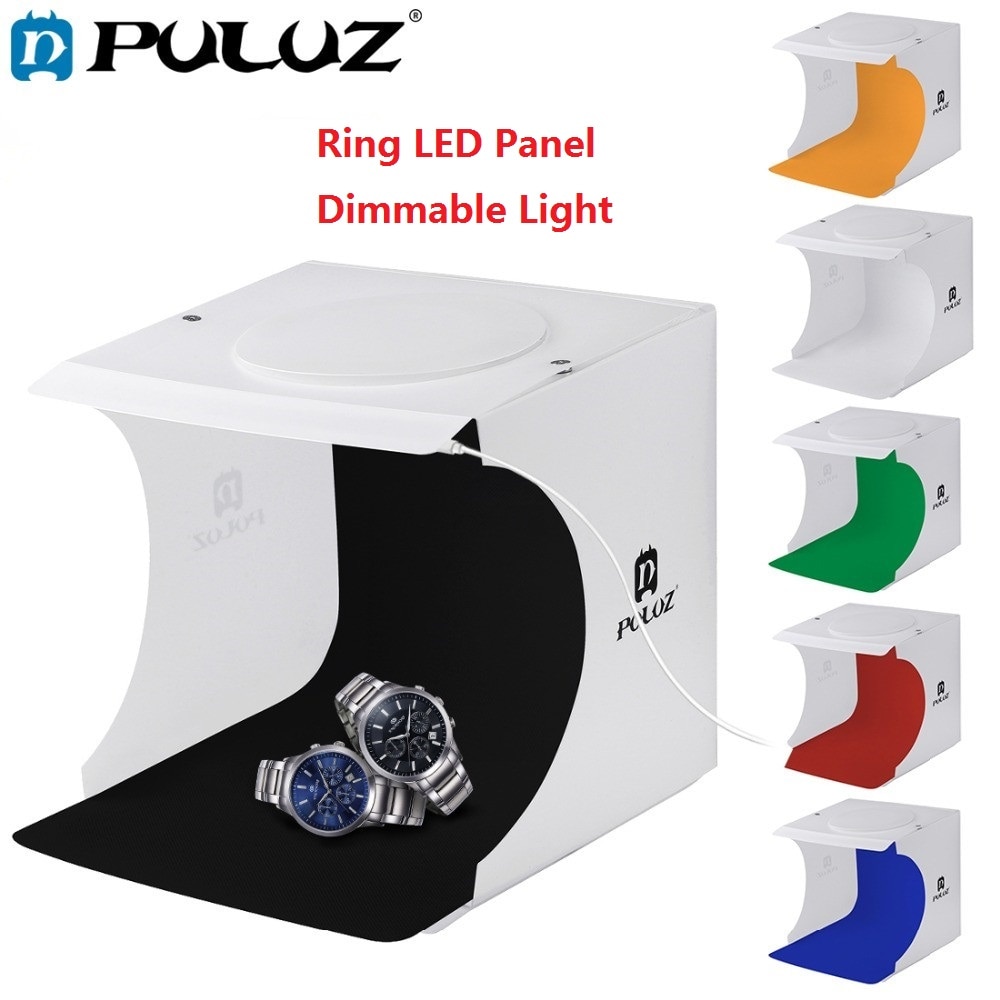 PULUZ 20 centimetri Mini Studio Diffusa Soft Box Lightbox Anello Pannello LED Dimmable Della Luce Da Tavolo Tiro Photo Studio Box 6 fondali