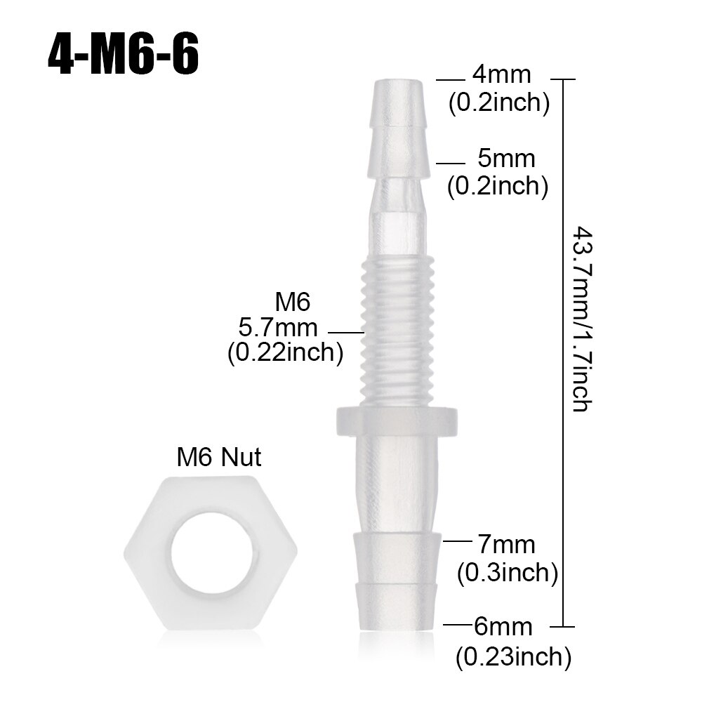 5pcs M6~M10 Thread Hex Nut PP Straight Garden Water Connectors Aquarium Fish Tank Adapter Air Pump Hose Fittings Pagoda Joints: 4-M6-6