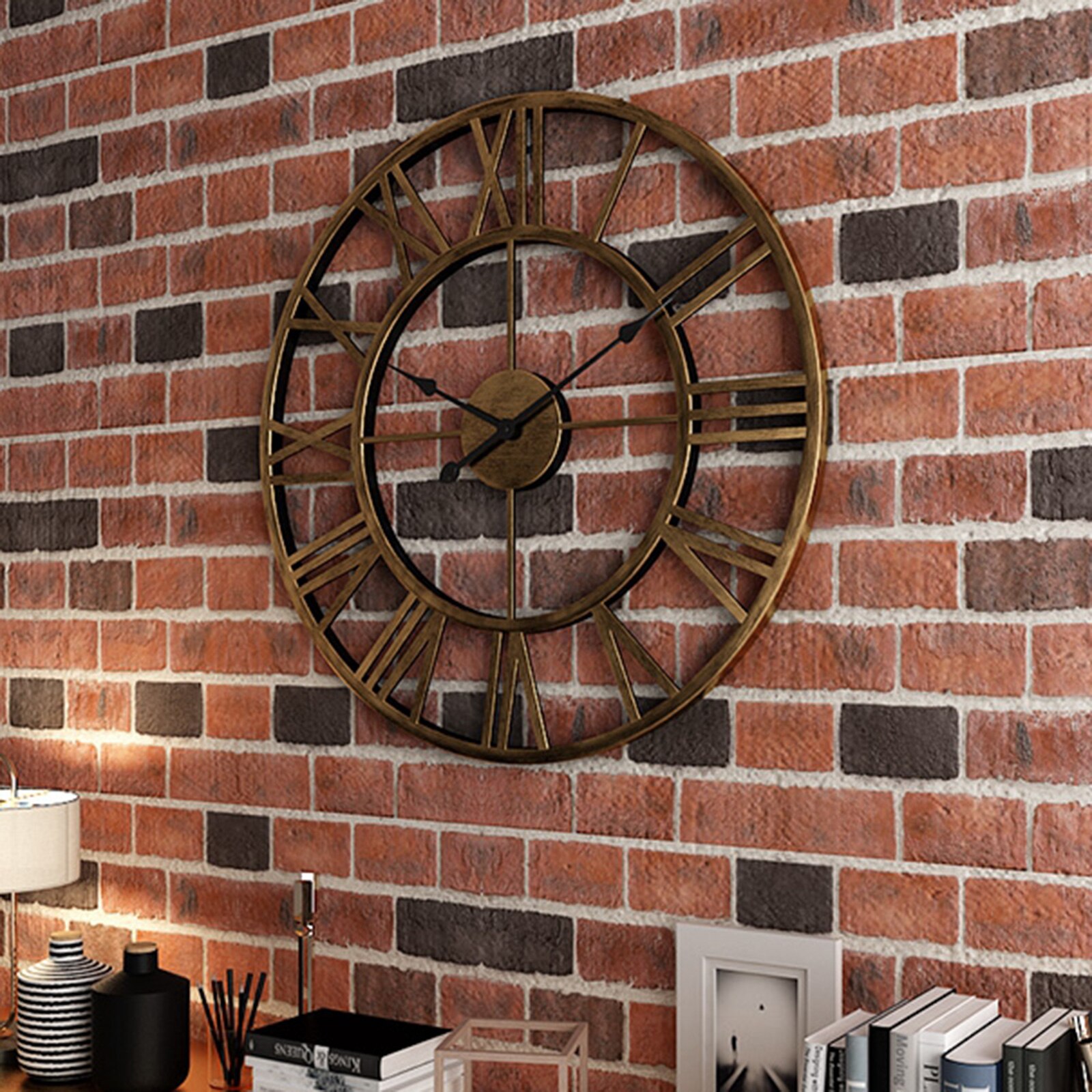 3D Wall Clock Roman Numerals Large Metal Round Golden Rustic Open Face Jewelled
