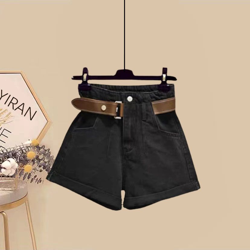 Forår/sommer sæt damesæt i western-stil, slankende, sexet tanktop, afslappet skjorte, aldersreducerende denimshorts med tre dele: Xxxl / Sort