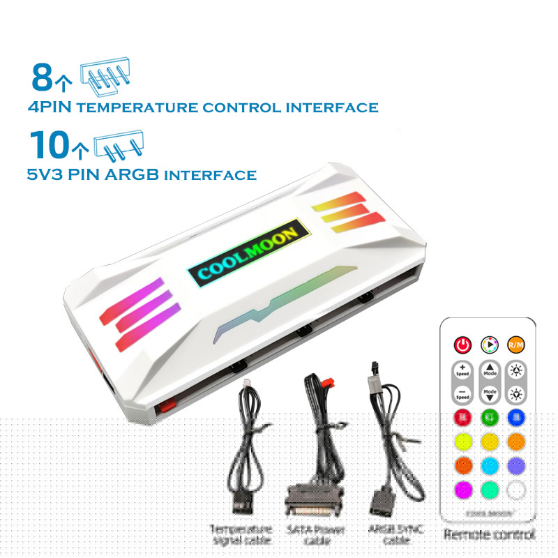 COOLMOON Fan RGB HUB Controller, PWM Smart TEMP. ADJ.+ 5V ARGB M/B SYNC, Wireless Remote Control For Chassis Fan: White