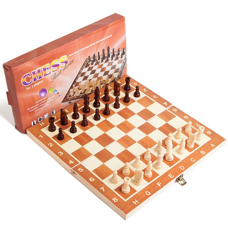 Chess Set Wooden Chess Game Backgammon Checkers Indoor Travel Chess Wooden Folding Chessboard Chess Pieces Chessman