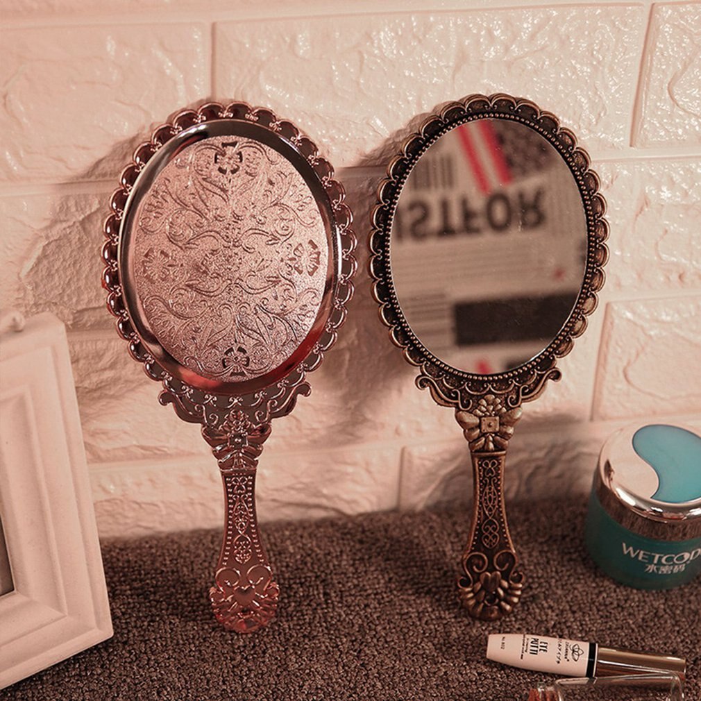 Vintage Handhold Makeup Mirror Pink Repousse Floral Oval Round Cosmetic Hand Held Mirror With Handle For Ladies Beauty Dresser