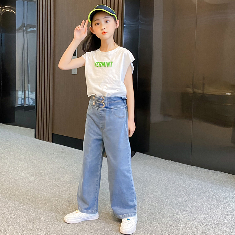Wide Leg Jeans For Girls Teenage Children Jeans Elastic Ruffle Waist Belt Denim Pants Kids Trousers For Teen Girls 12 14: 11T