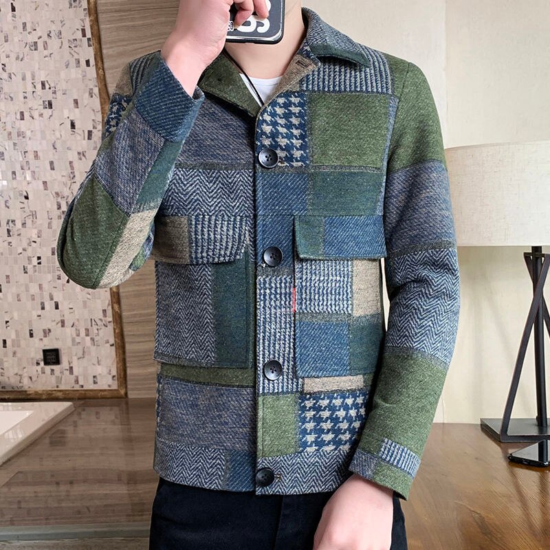 Varma långärmad rutig herrfickor kappa jacka koreansk casual herrjacka slim fit jacka
