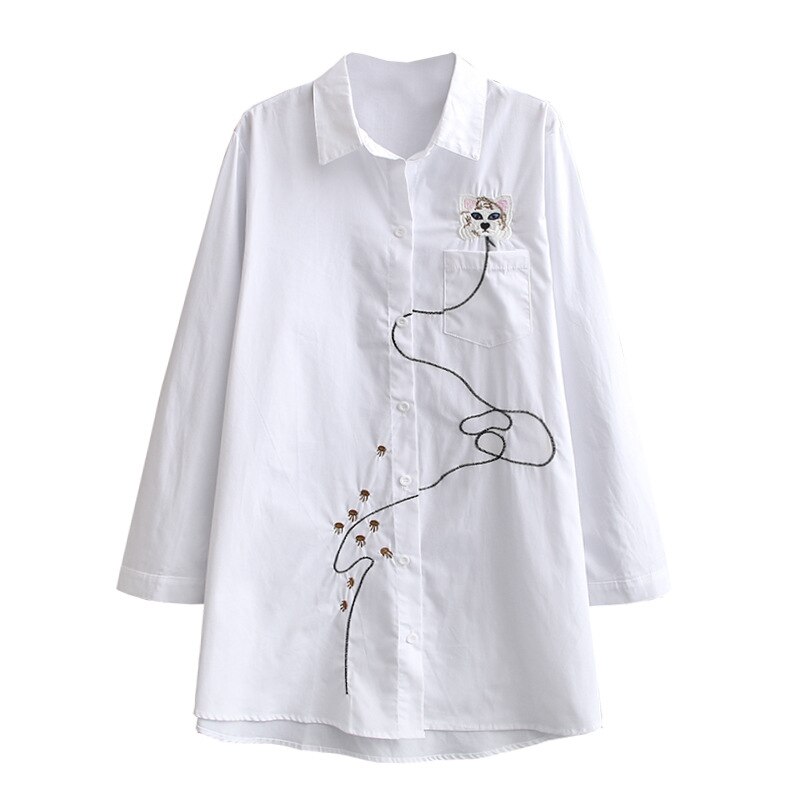Herfst Vrouwen Shirts Dames Wit Tops Vrouwelijke Lange Mouwen Blouses Kat Borduurwerk Losse Oversized Kleding S79 8078