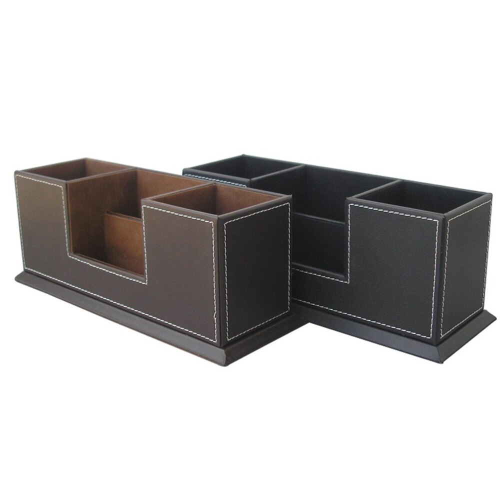 Double Holder Desktop Faux Leather Storage Box 4 Divided Compartments for Pen Business Card Remote Control DeskOrganizer Brown