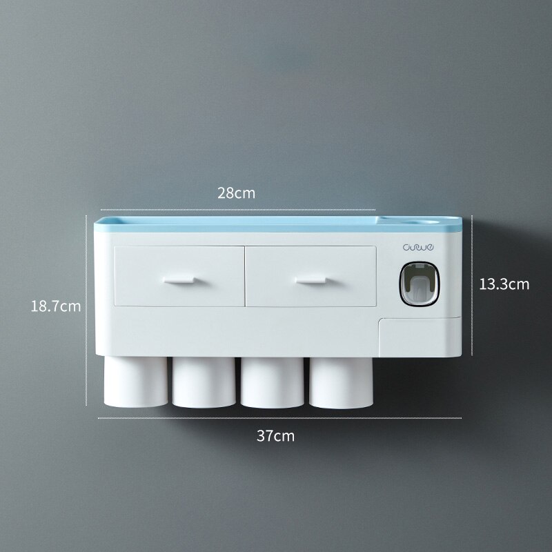 Toothbrush Holder Wall Mount Magnetic Adsorption Inverted Toothpaste Dispenser Makeup Storage Rack For Bathroom Accessories Set: Blue 4 Cups