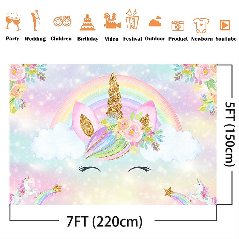 Arrière-plan licorne arc-en-ciel pour studio photo, arrière-plan pour fête prénatale, anniversaire, vidéo, fleur scintillante pro