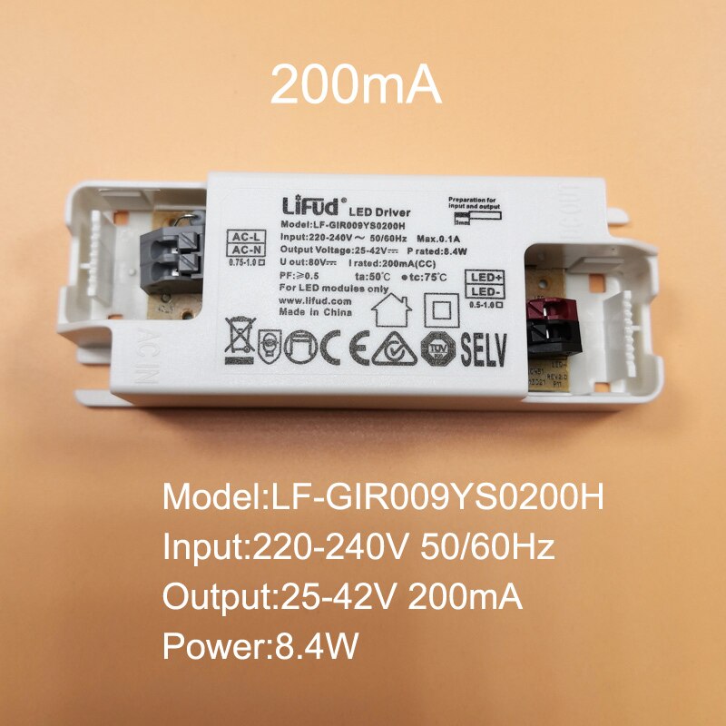LiFud LED driver LF-GIR009YS LF-GIR013YS series 25-42V 135mA 160mA 180mA 200mA 250mA 300mA 350mA CE CB TUV SAA RCM Certification: LF-GIR009YS0200H