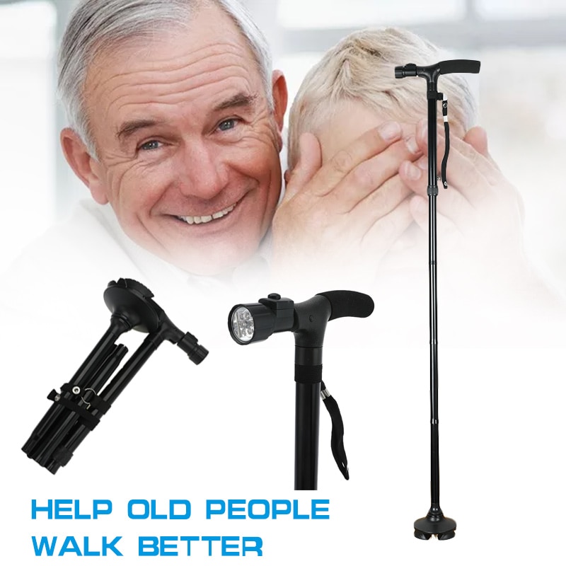 Old Man Safety Walking Stick with LED Light Canes Trekking Trail Hiking Poles Ultralight Folding Adjustable T Handlebar Elders