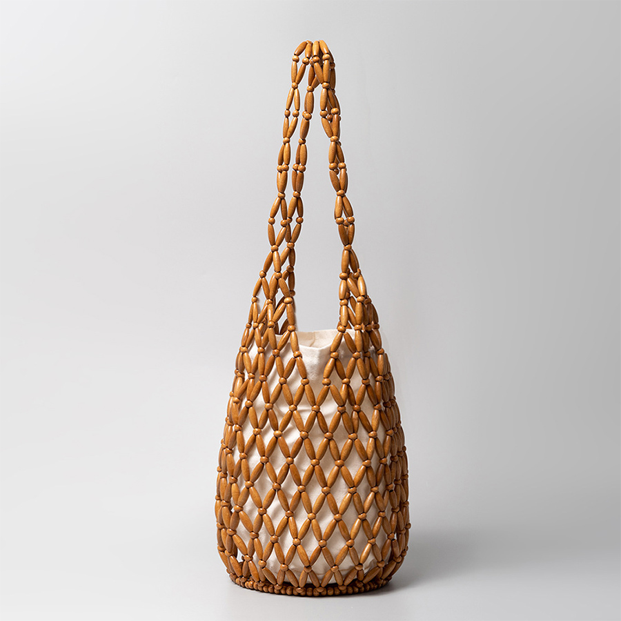 Sac à main tissé pour femmes, d'été, fourre-tout en perles de bois ajourées, sac à bandoulière seau, sac à main de plage en toile filet réticulé: Marron