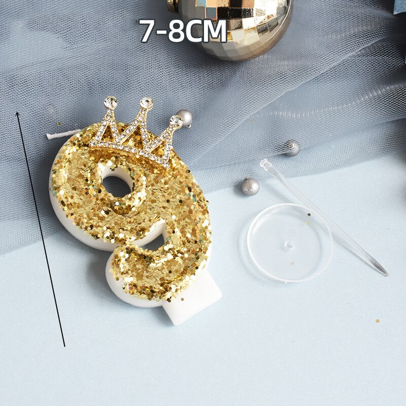 Yellow Pink Candle Sequins Shiny Crown Number 0-9 Cake Topper Insert For Girl Birthday Party Dessert Table Wedding Day: 9