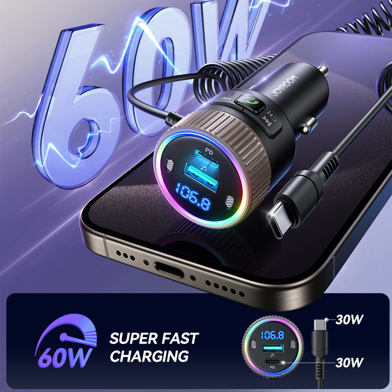 Transmisor FM Bluetooth 5,4 60W PD QC3.0 cargador de coche rápido micrófonos duales más fuertes HiFi sonido profundo adaptador de cargador USB C Joyroom