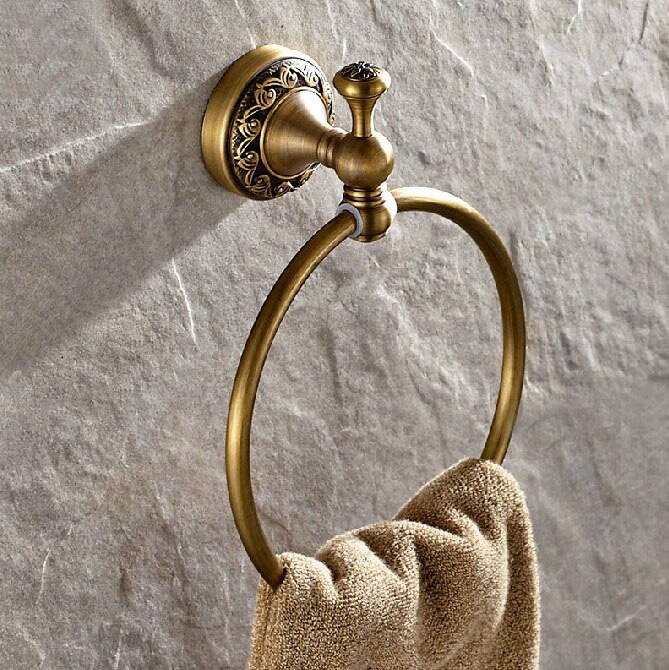 Vintage antik messing badeværelse vægmonteret håndklæde ringholder badeværelse tilbehør bad hardware udskåret blomsterbase mba 489
