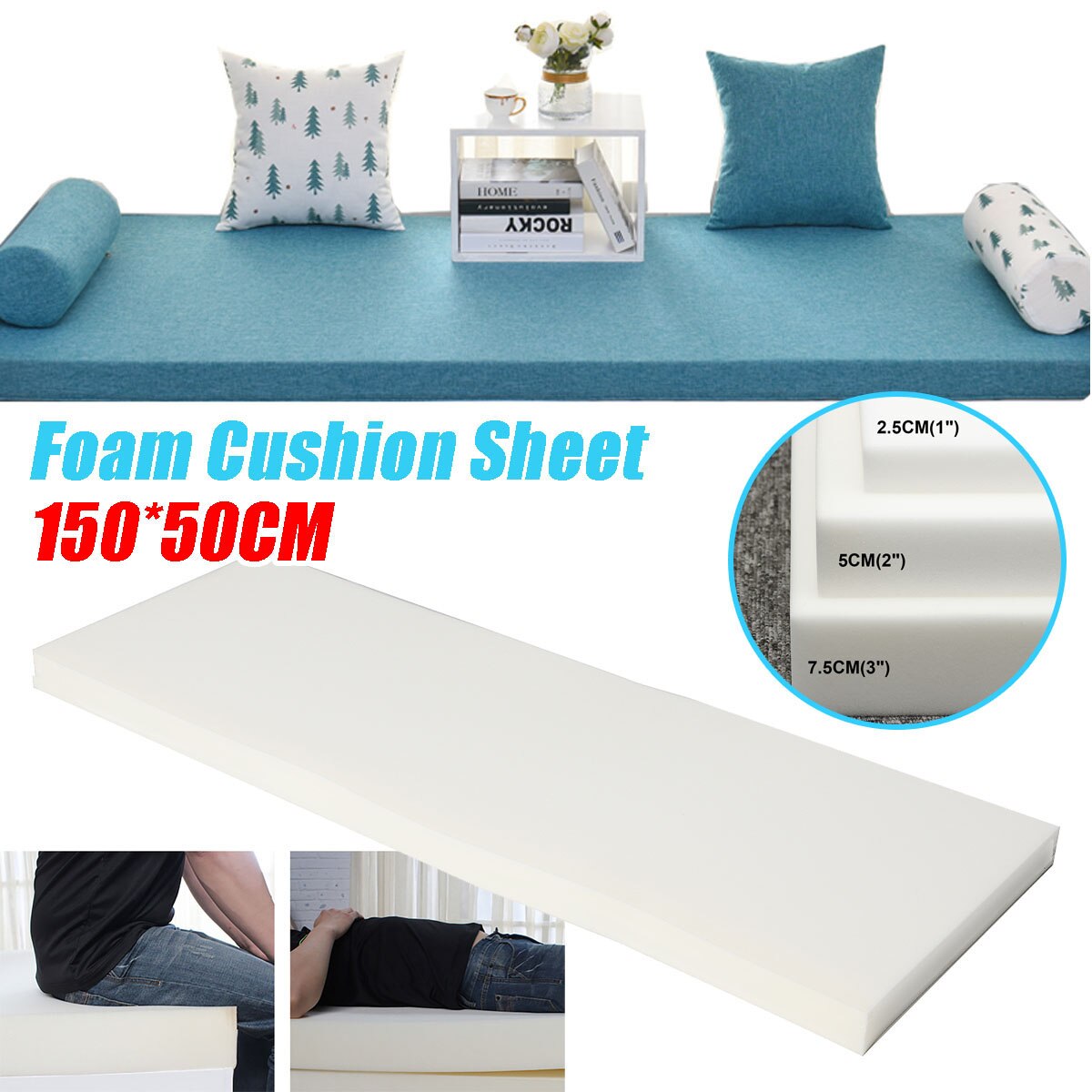 3 Size High Density Seat Cushion Foam Rubber Replacement Polyurethane Upholstery Cushion Pad White Firm Foam Sheet Cushion Pads