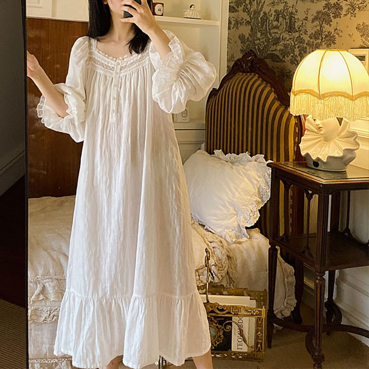 Lente Vrouwen Nachtkleding Prinses Katoen Crêpe Lange Mouwen Lace Geplooide Pyjama Sleepshirts Kant Vintage Dame Nachtjapon Nachtjapon