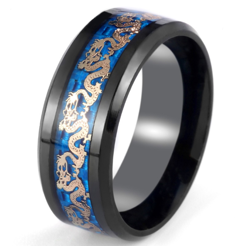 8mm hommes en acier inoxydable anneau classique en Fiber de carbone Dragon incrustation anneau pour hommes anniversaire bijoux de mariage bijoux