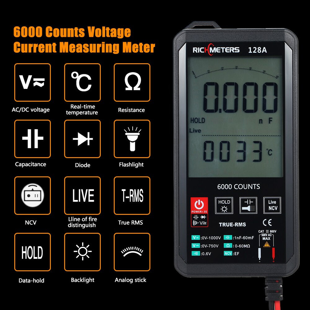 Digital Multimeter 6000 Counts True-RMS Auto Ranging AC/DC Voltage Temperature Measuring Flash Light Backlight Large Screen: 128A