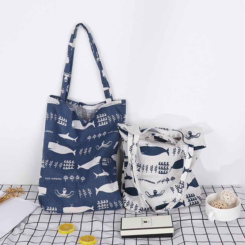 Durable 1 couche pas de doublure coton lin Shopping fourre-tout 1PC sac à bandoulière de transport imprimer baleine poulpe mer vie sacs à provisions