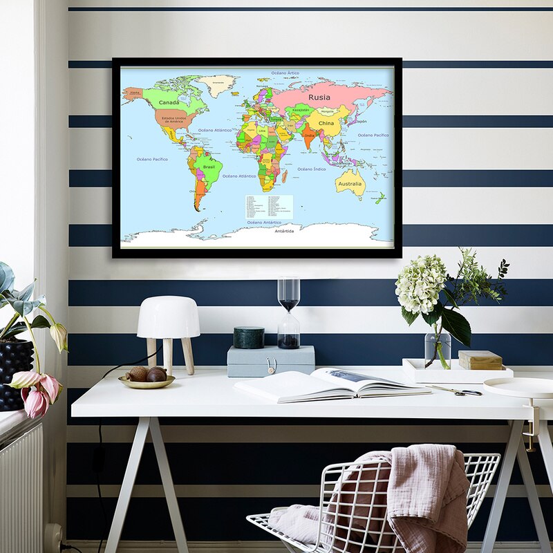 90x60cm Canvas World Map In Spanish Political Distribution Map of The World Spanish Wall Art Poster for Home Office Decoration