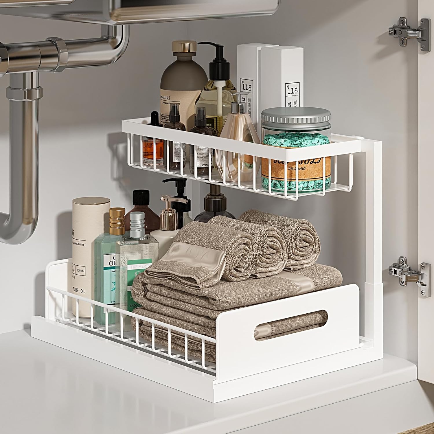 Organizadores y almacenamiento debajo del fregadero de 2 niveles con cajón deslizante, estante de baño multiusos, organizador para almacenamiento de cocina y baño