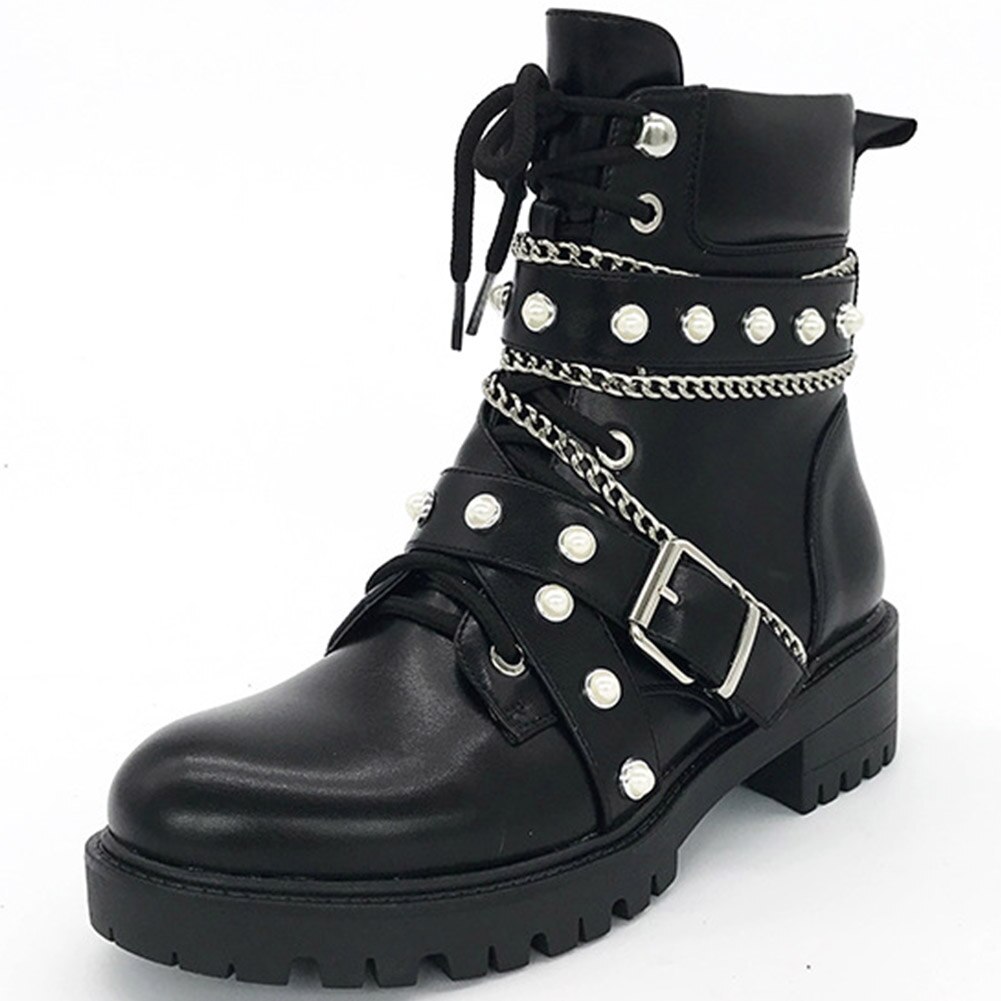 Botas BONJOMARISA a la con hebilla y perlas para mujer, botas de tacón cuadrado con cadena para otoño e invierno, zapatos de plataforma para mujer: 9.5