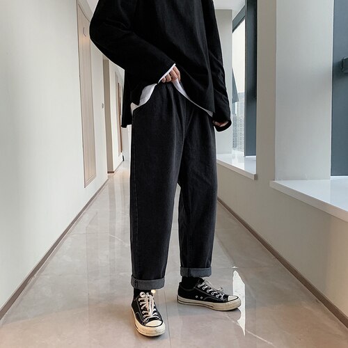 Jean homme pleine longueur droit drapé grande taille 3XL hong-kong Style masculin décontracté ample Vintage Simple tout Match Ulzzang: black / M