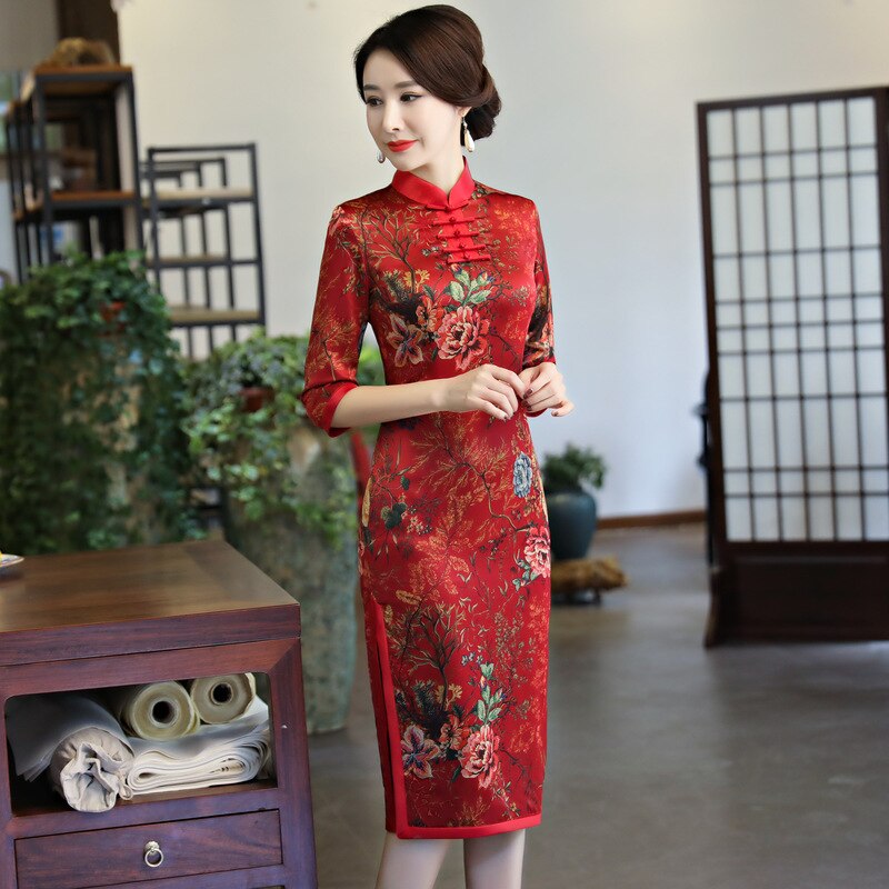 2020 nova mulher chinesa cheongsam qipao vintage vestido retro floral oriental tradicional senhora elegante vestidos de festa casamento: XL