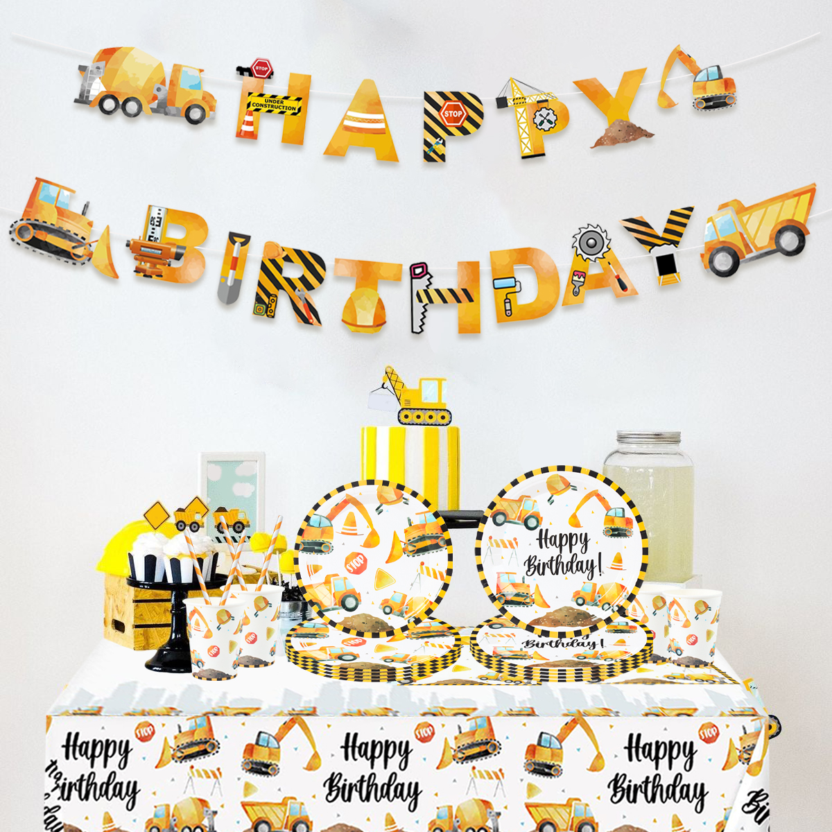 Construction Vehicle Party Disposable Tableware Birthday Party Decorations Kids Boys Engineering Truck Plate Cup Birtday Decor