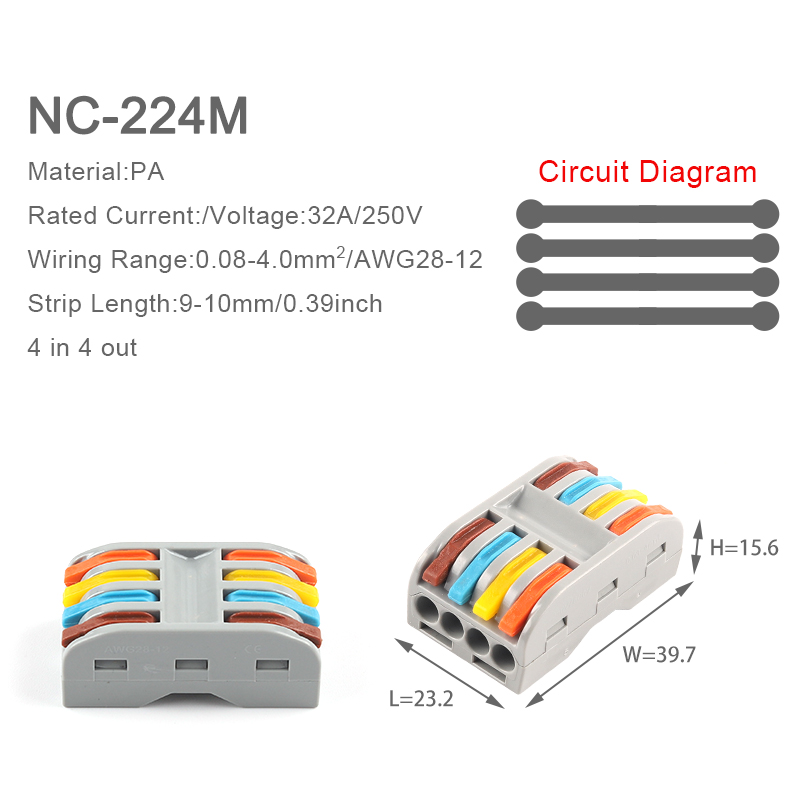 5Pcs Universal Compact Wire Connector SPL 222 2/3/4/5Pin Conductor Wiring Terminal Block Plug-in Quick Connectors with Lever: 5PCS NC-224M
