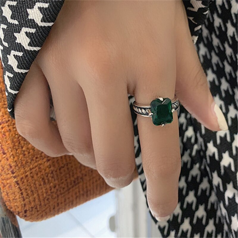 AOMU Retro Distressed Metal Green Zircon Geometric Round Square Luxury Opening Ring for Women Jewelry: C