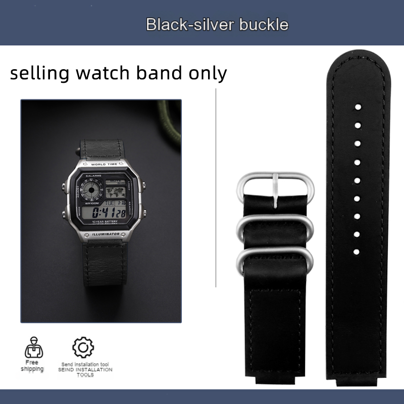 Für Casio Lederarmband AE-1200/1100/SGW-300/W218H Serie modifiziertes retro-Lederarmband: Schwarz Gelb