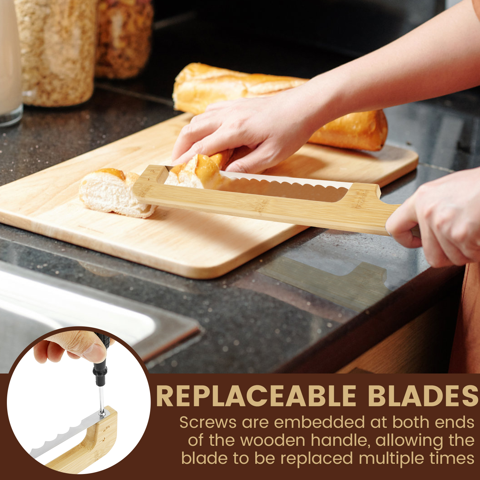 Wood Sourdough Bread Knife Slicer with Blade Protector and Storage Bag Serrated Bow Bread Knife with Handle for Even Slicing