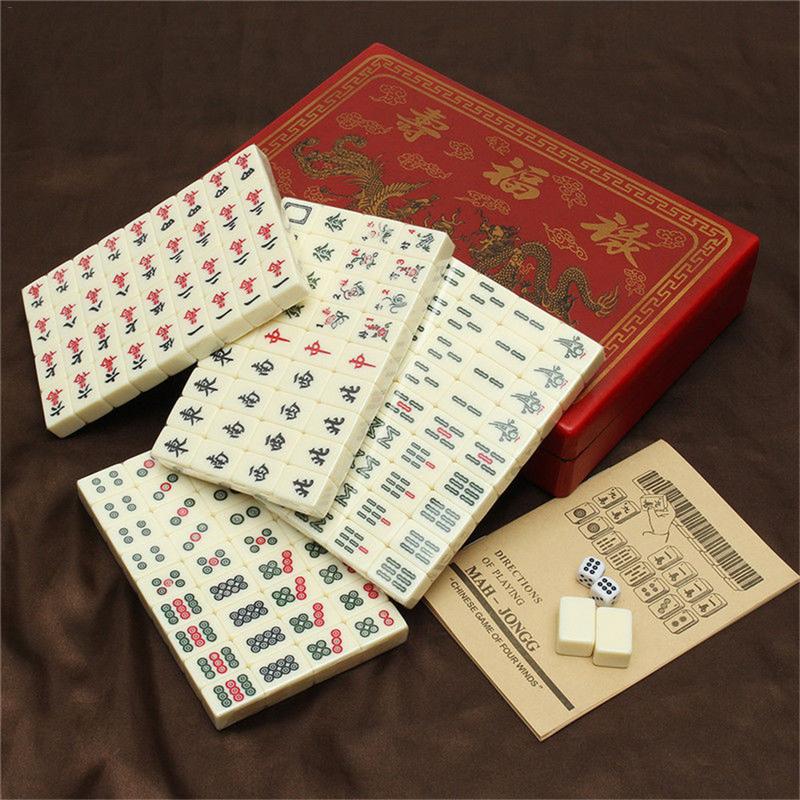 144 PCS Reizen Mahjong Draagbare mahjongklassieker Met Archaistic Lederen Doos En Handleiding In Engels (Willekeurig Patroon Van doos Levering)