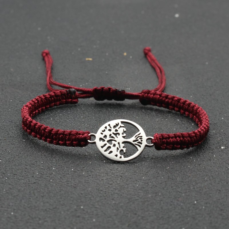 Pulsera de cuerda hecha a mano para hombre y mujer, brazalete de acero inoxidable con colgante de árbol de la vida, ajustable, para pareja: Red wine