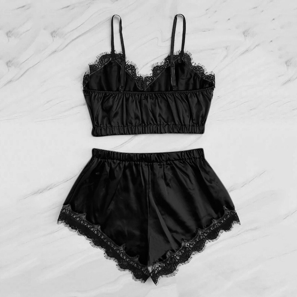 Kvinnor sexiga nattkläder ärmlös rem nattkläder spetskant satin cami topp pyjamas set topp +shorts ropa de dormir