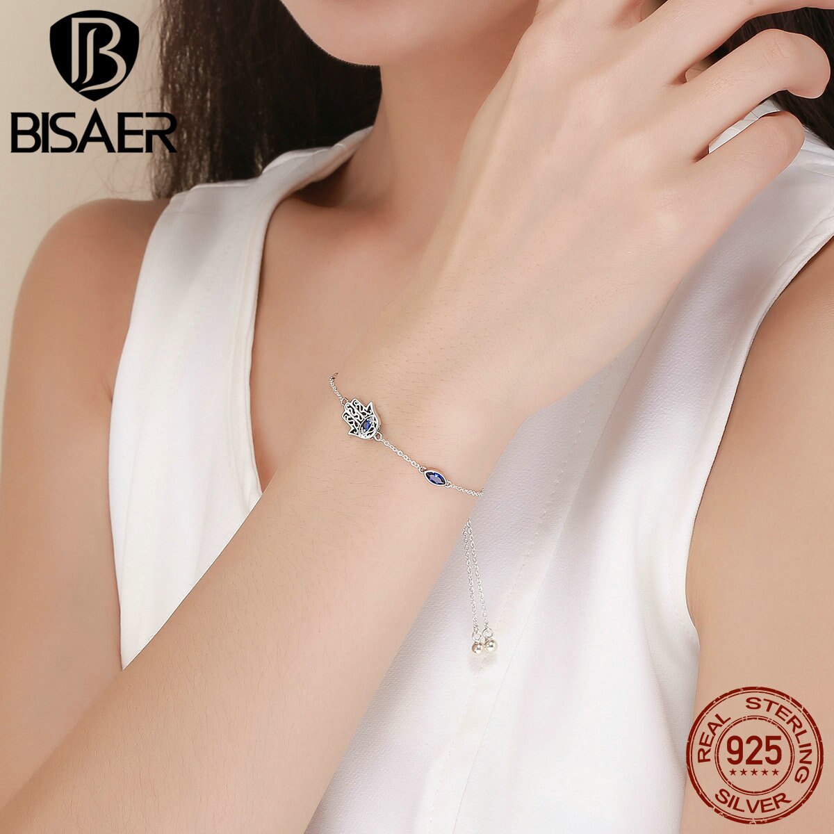 Bisaer 925 スターリングシルバーングハムサハンドファティマハンドチェーンリンクブレスレットpulseira幸運の女性女性ブレスレットファインジュエリーECB076