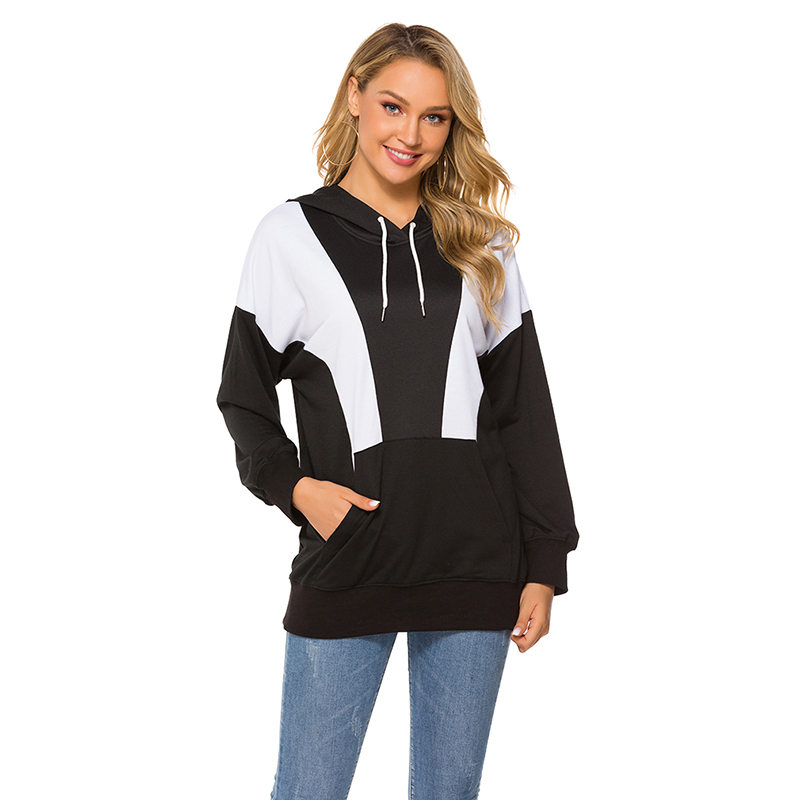 Women's Hooded Hoodie Sweatshirts Black And White Contrast Color Autumn And Winter Ladies Loose Casual Hoodie