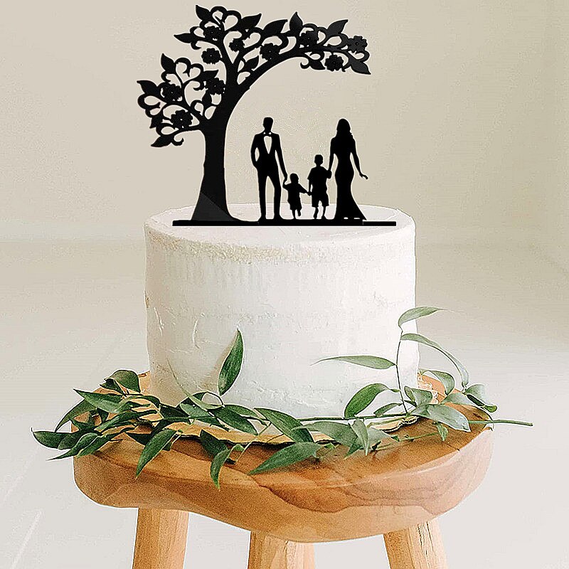 Coppia di topper torta anniverario matrimonio stile albero con 2 bambini sposa e sposo con animale domestico cane gatto ragazzi ragazze famiglia torta topper: XXL / Di Colore Giallo chiaro